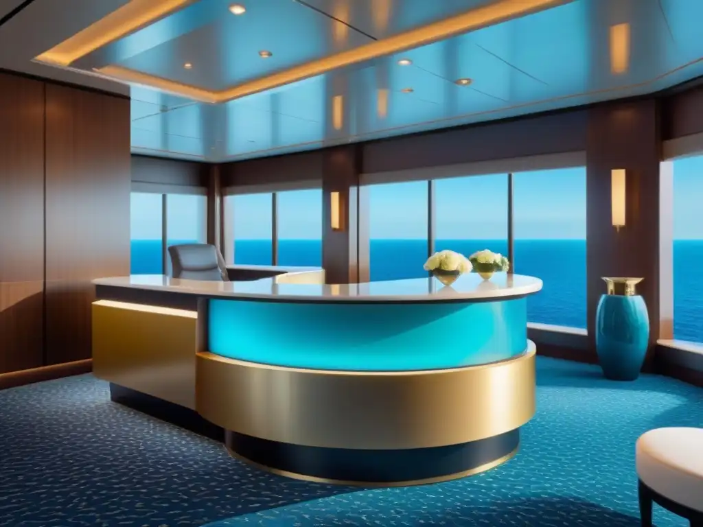 Suntuoso escritorio de servicios concierge en crucero de lujo, con diseño moderno, detalles dorados y vista al mar