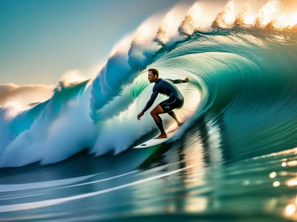 Un surfista cabalga una ola gigante al atardecer, reflejando la luz del sol en las olas