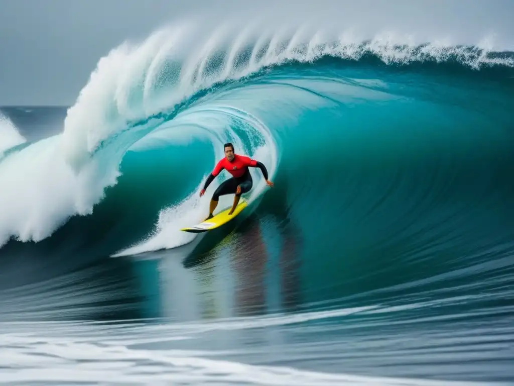 Surfista en ola gigante, conexión con la vida marina en el surf, detalle del mar y tablero