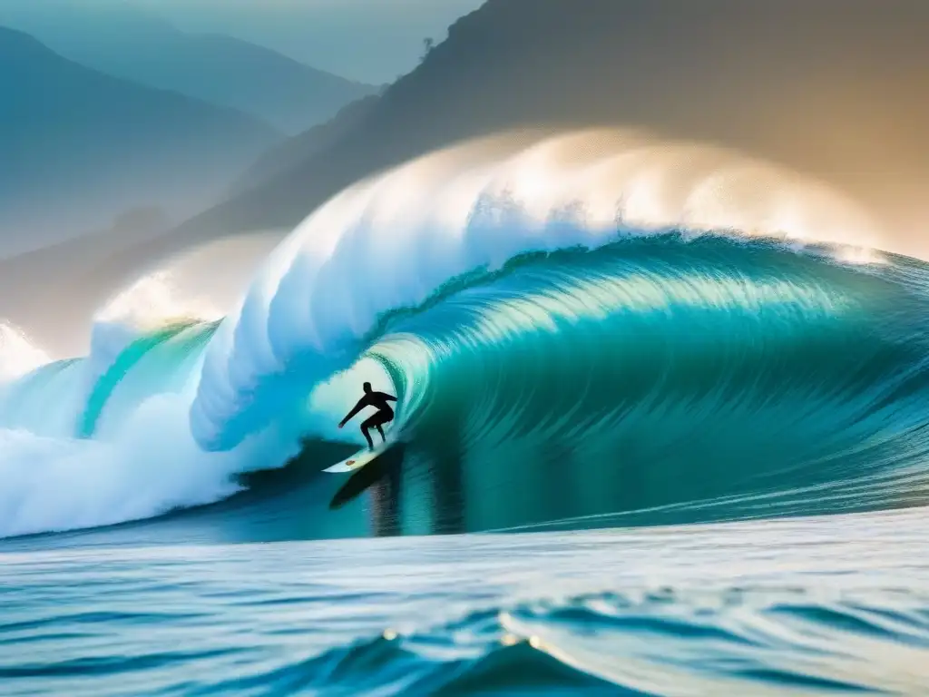 Surfista solitario cabalgando una ola con vibrante vida marina en el surf al atardecer