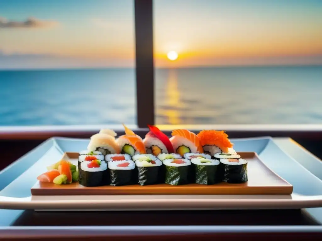 Disfruta del sushi en crucero marítimo con vista al mar al atardecer