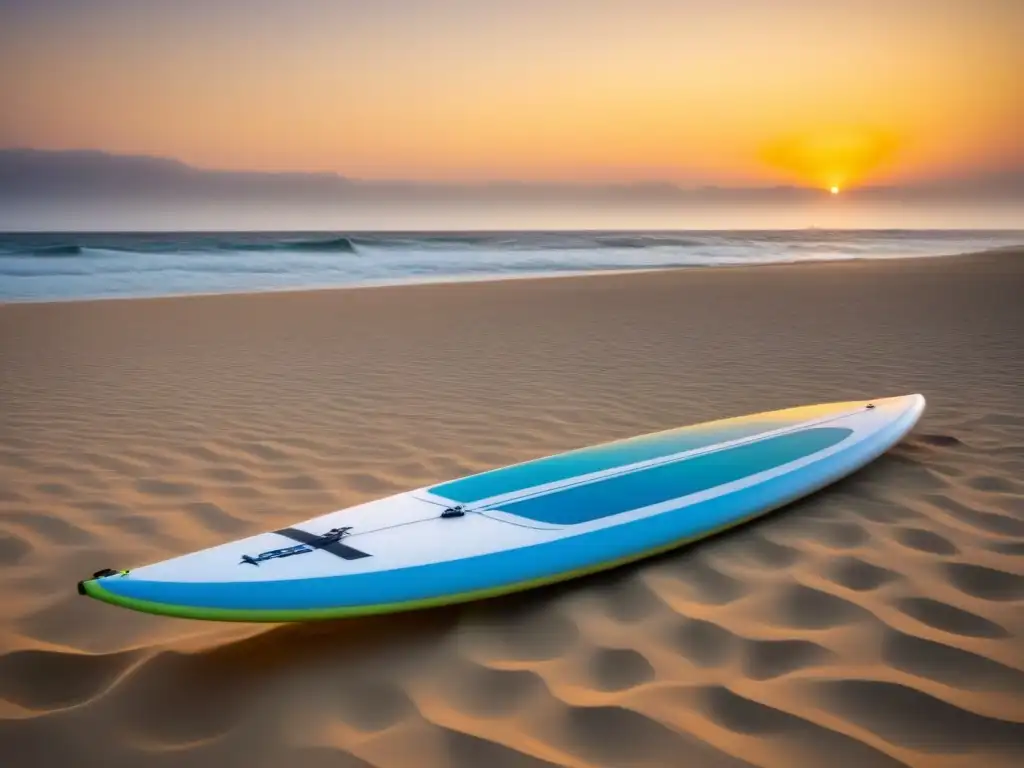 Tabla de windsurf ecológica en playa al amanecer, transmitiendo serenidad y sostenibilidad