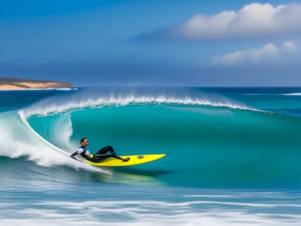 Tabla de surf con diseño minimalista y sostenible en un océano azul, ola perfecta al fondo