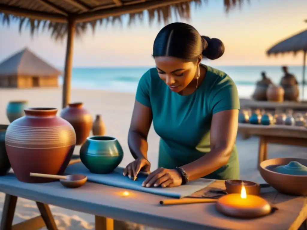 Un taller de artesanía en una playa al amanecer, con piezas únicas y un artesano trabajando en un entorno inspirador de vacaciones marítimas