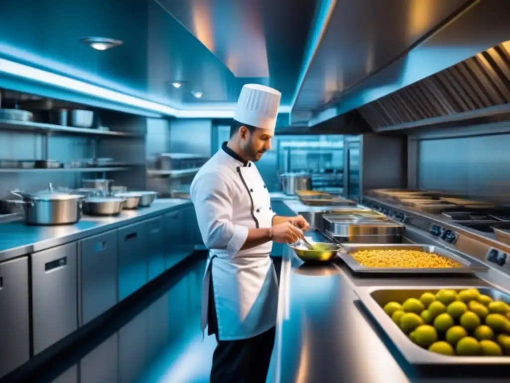 Talleres de cocina en crucero: Chefs preparando exquisitos platos gourmet en una cocina moderna y sofisticada