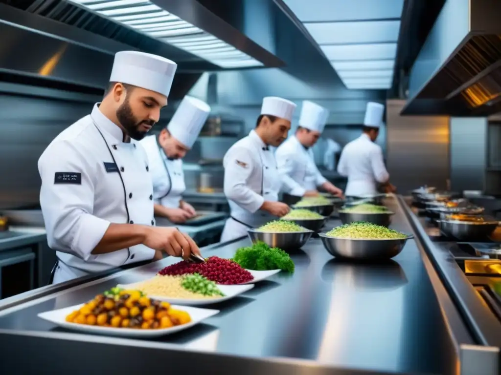 Talleres de cocina en crucero: Equipo de chefs preparando exquisitos platillos en una cocina moderna y elegante