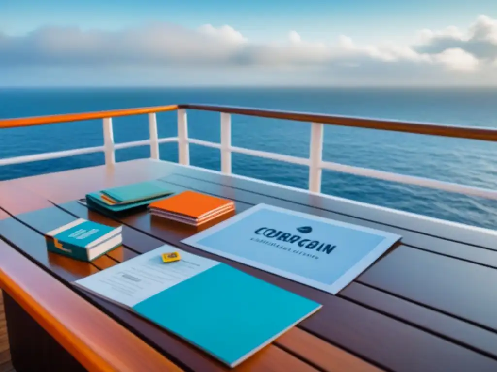 Talleres de scrapbooking para cruceros: vista serena del mar desde la cubierta, mesa con materiales creativos