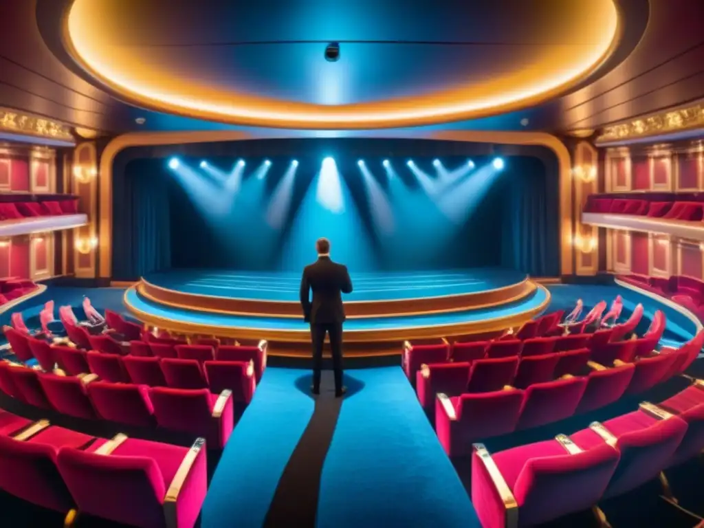 Un teatro lujoso a bordo de un crucero, con asientos de terciopelo, detalles dorados y un escenario brillante