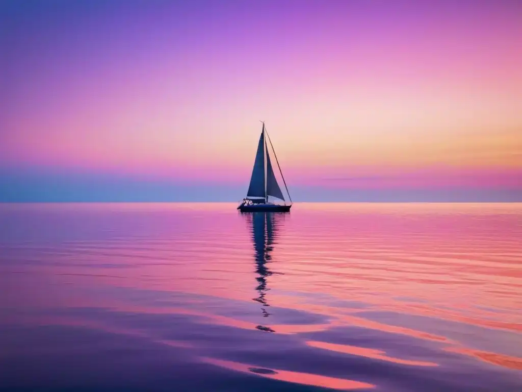 Fotografía marítima técnica avanzada: Un atardecer tranquilo en el mar, con un velero solitario frente al cielo vibrante