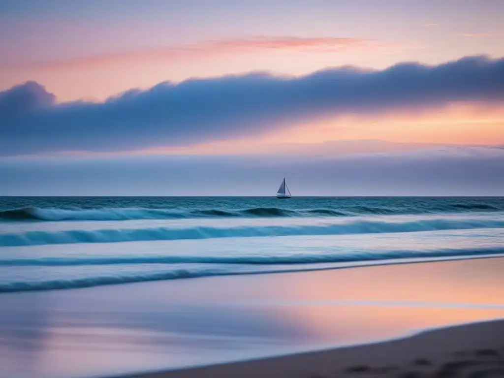 Fotografía marítima técnica avanzada de playa serena al amanecer con colores pastel y velero solitario en el horizonte