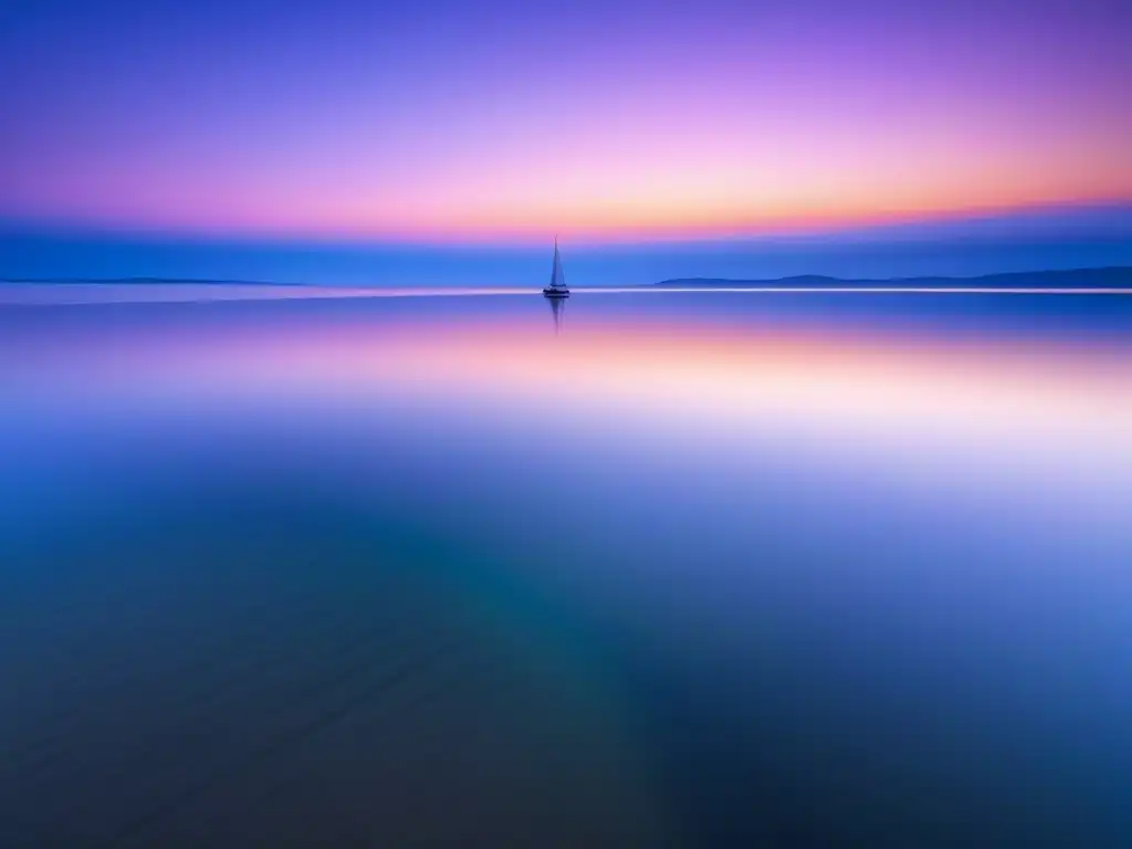 Fotografía marítima técnica avanzada: Amanecer tranquilo en el mar con reflejos pastel del cielo al amanecer y un velero solitario