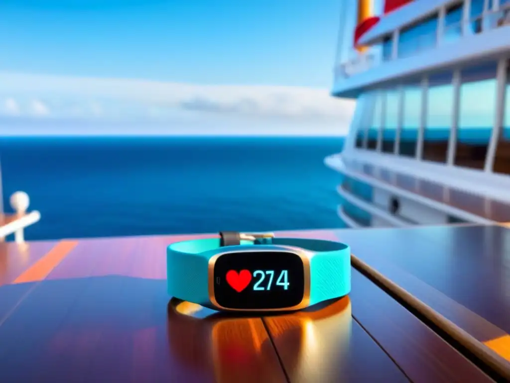 Tecnología para bienestar en crucero: Fitness tracker moderno en cubierta de madera, frente al vasto mar