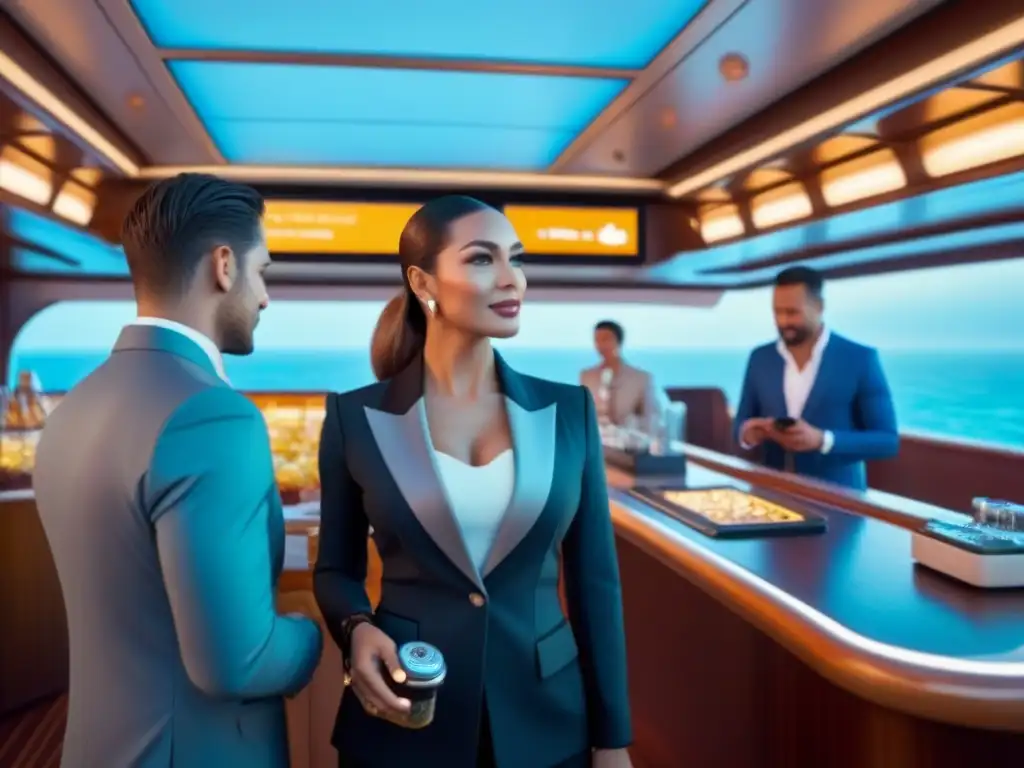 Tecnología sin contacto en cruceros: Pasajeros realizan pagos digitales en un lujoso barco, evolucionando las transacciones a bordo