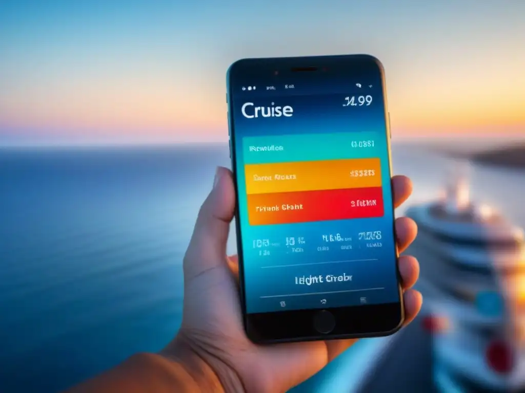 Smartphone futurista con pase de abordar para crucero Teléfono futurista muestra pase de abordar digital para crucero, con fondo de mar borroso, simbolizando checkin online para cruceros