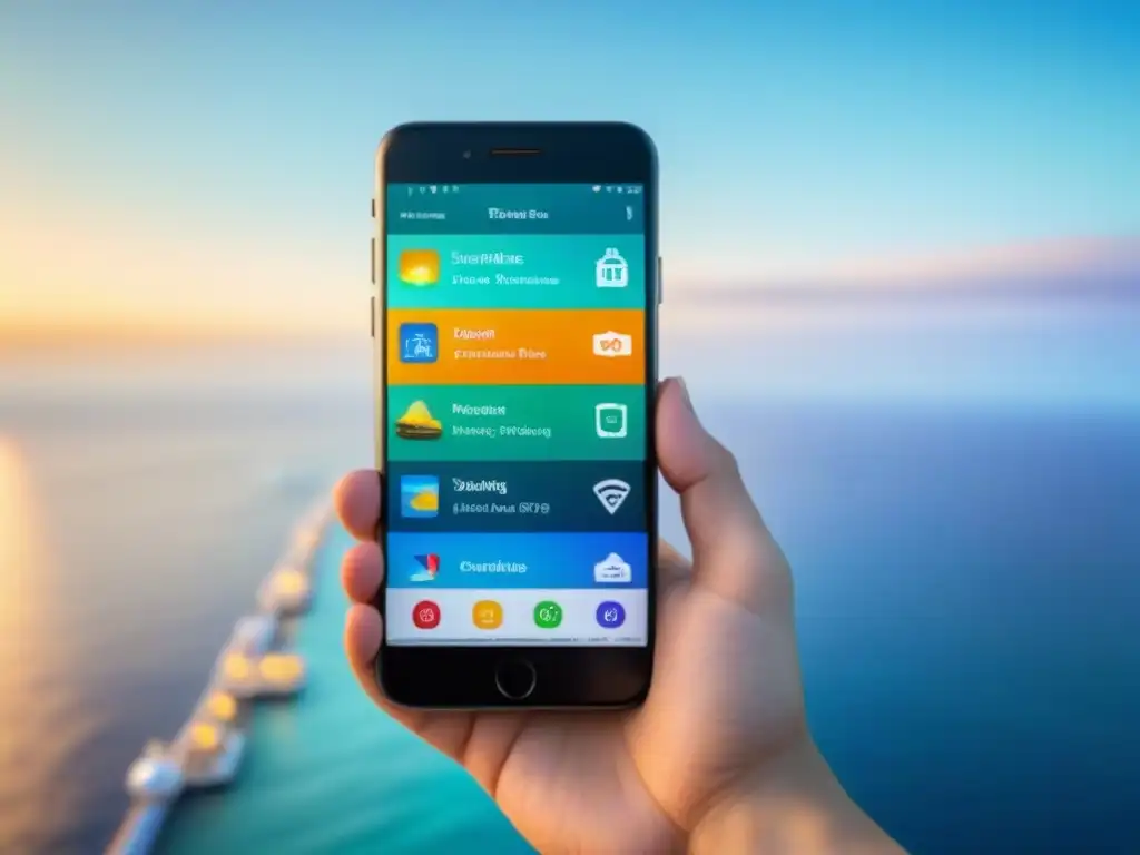 Teléfono moderno con apps para reservar excursiones crucero: snorkel, turismo y playa
