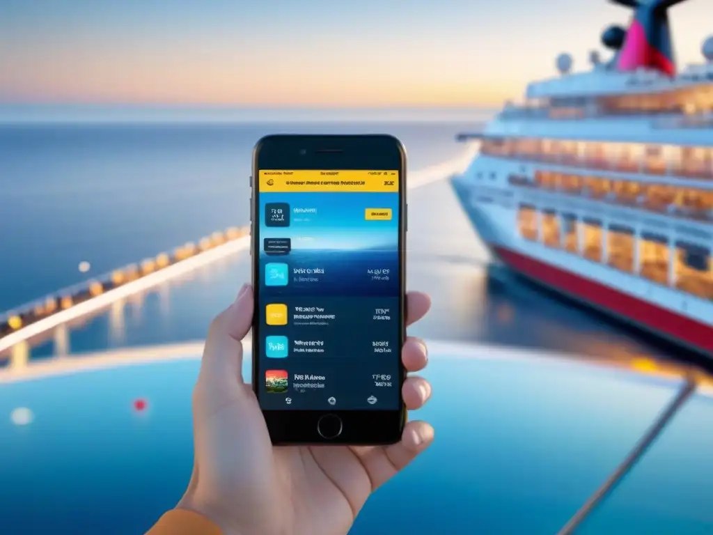 Teléfono móvil muestra apps entretenimiento crucero marítimo en pantalla vibrante de alta resolución, con fondo marino sereno y cielo azul