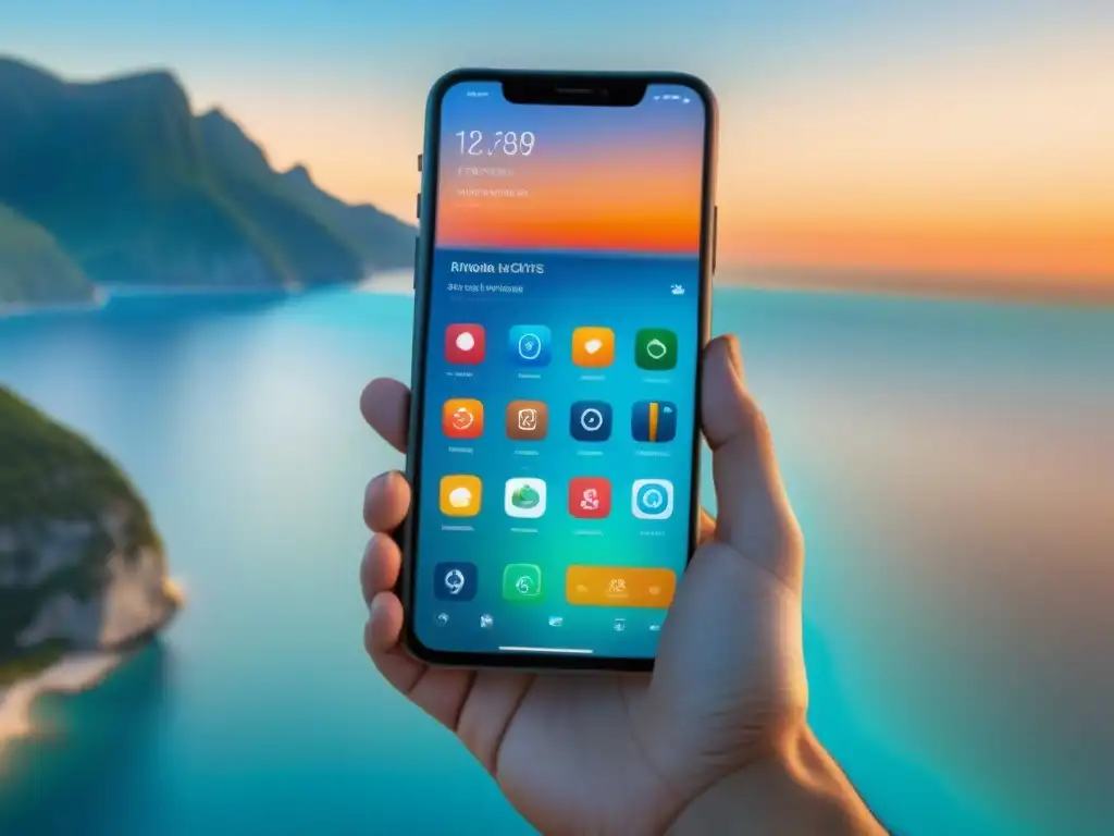 Teléfono móvil elegante con apps para reservar excursiones crucero en iconos coloridos, reflejando aventuras inolvidables