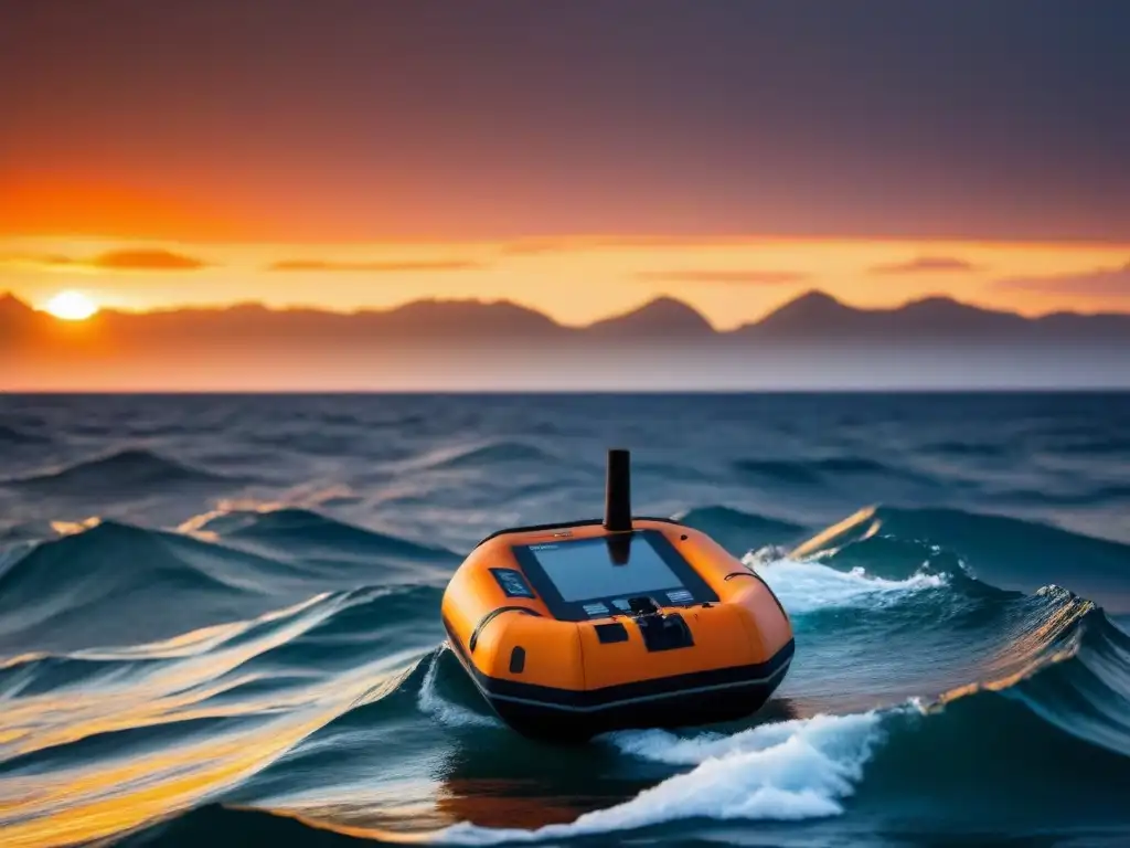 Un teléfono satelital descansa en una balsa en mar abierto al atardecer