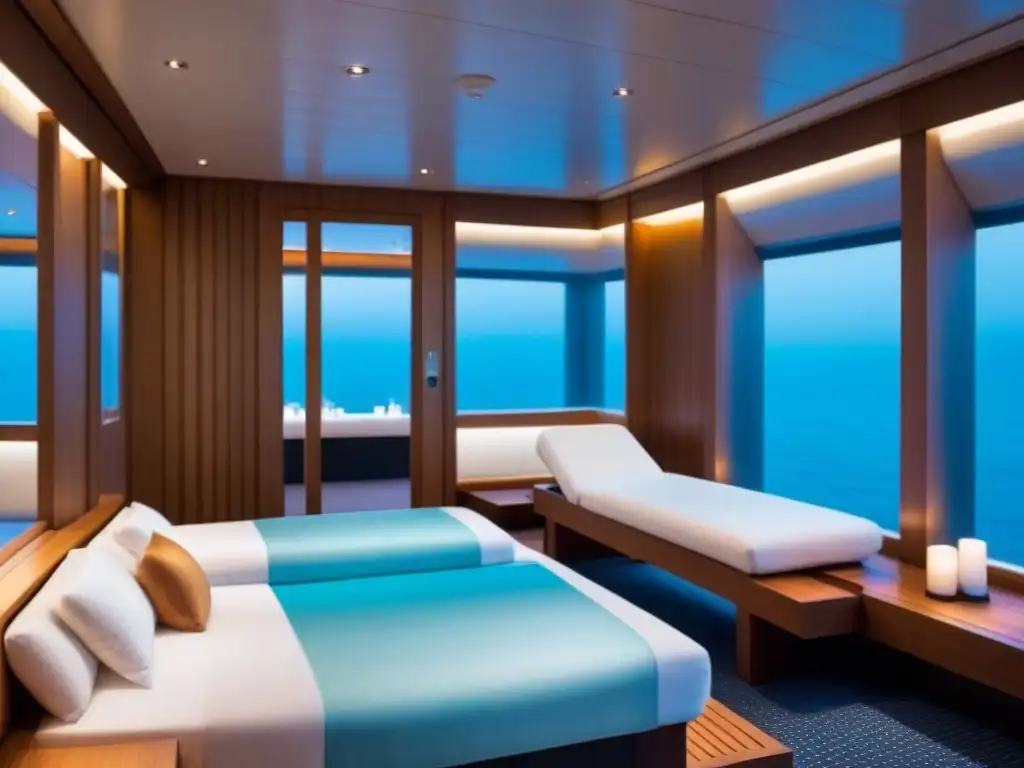 Templos de bienestar en cruceros: spa de lujo en barco, diseño moderno, iluminación suave y elegante, albornoces blancos en bancos de teca