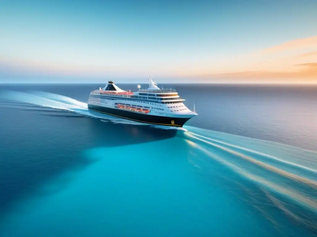 Minicruceros: tendencia de viaje marítimo en un elegante barco navegando en aguas turquesas al atardecer