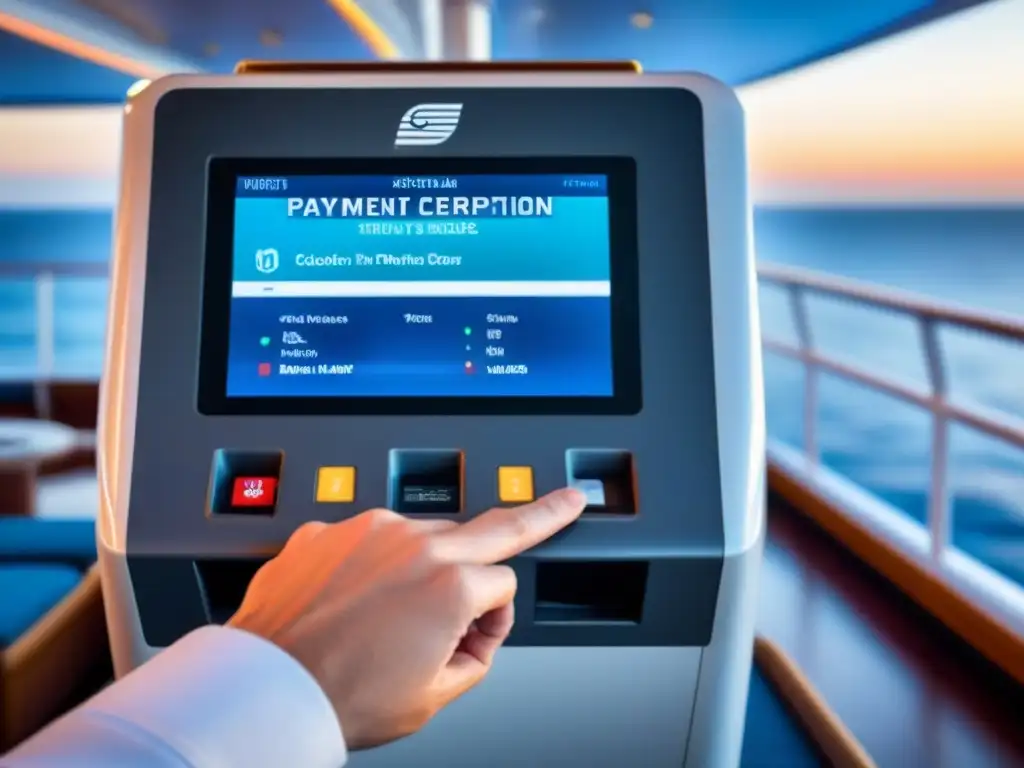 Terminal de pago futurista en crucero, tecnologías de pago sin contacto en cruceros