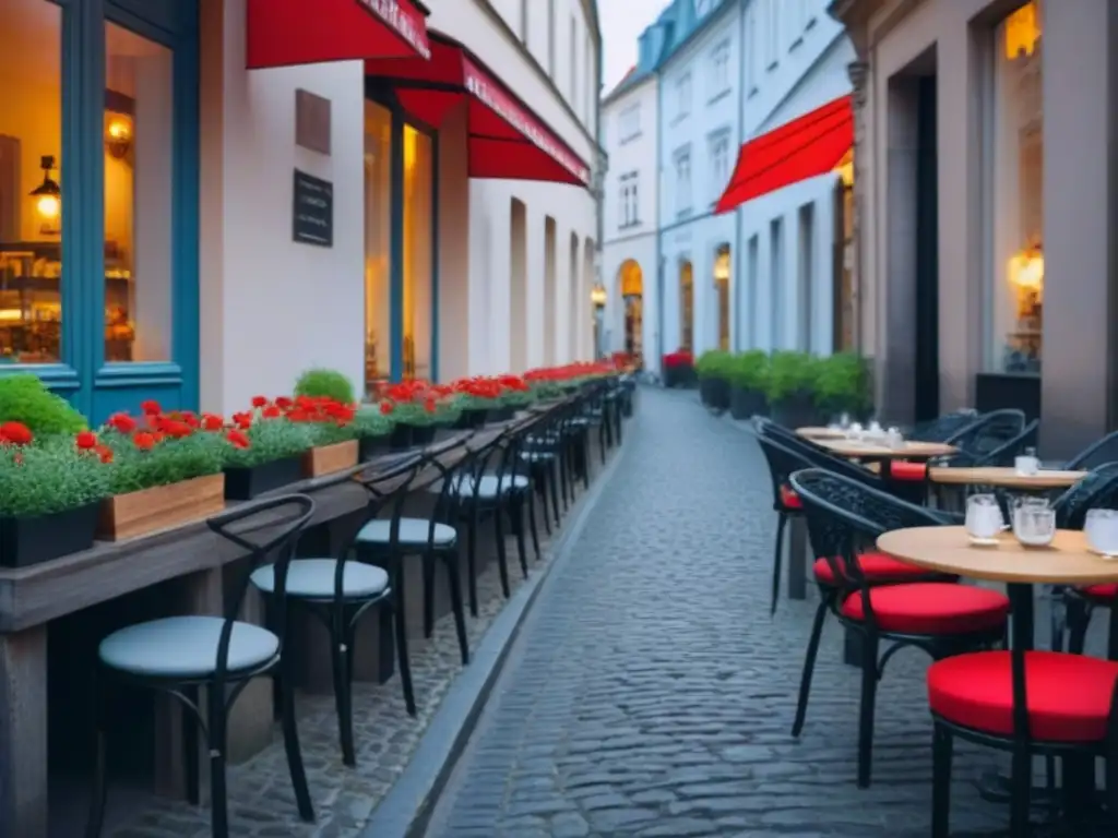 Una terraza serena en Berlín con sillas y mesas de metal negro, macetas rojas y edificios históricos