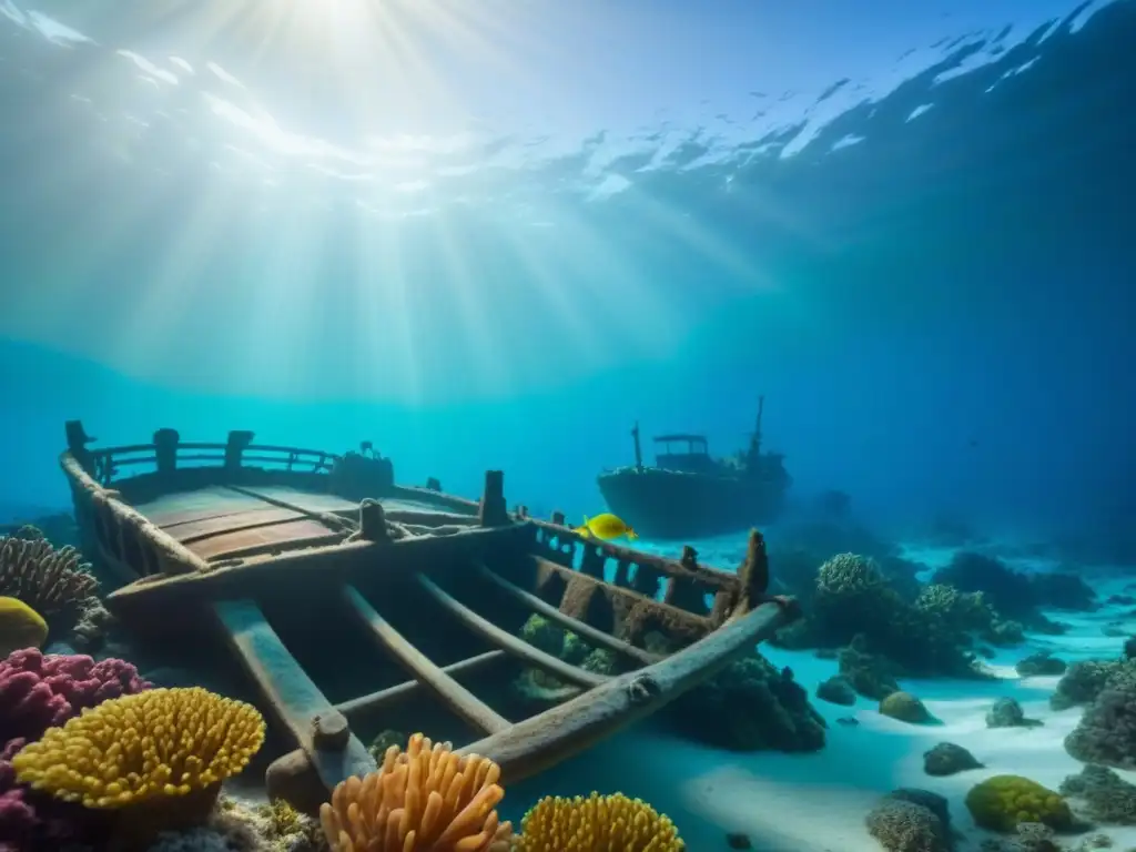 Exploración marina: tesoro sumergido en un naufragio rodeado de peces y corales coloridos