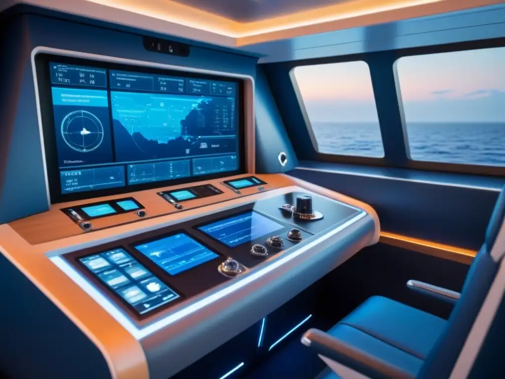 El texto ALT es: 'Consola de navegación futurista en barco, innovaciones en cruceros marítimos'