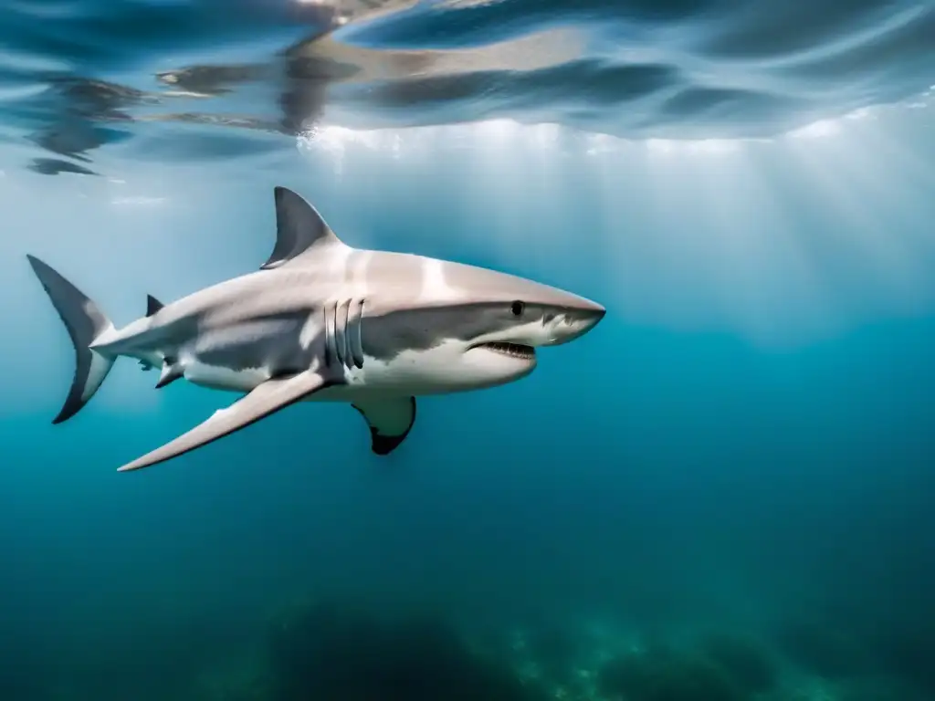 Un tiburón poderoso y elegante nada en aguas cristalinas, con sus afilados dientes brillando al sol