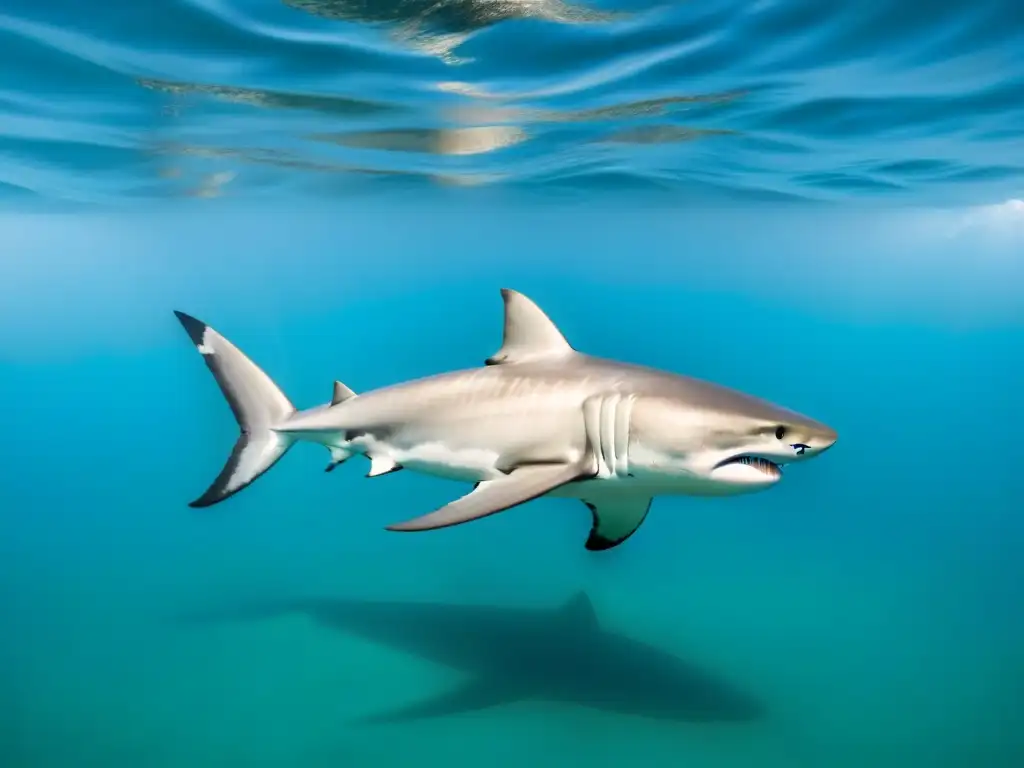 Fotografía de tiburones en cruceros: Majestuoso tiburón blanco surcando aguas turquesas con elegancia y poder