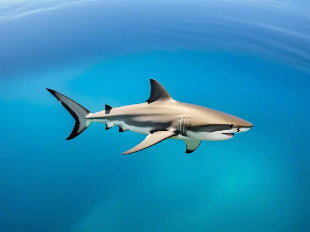 Fotografía de tiburones en cruceros: Majestuoso tiburón solitario deslizándose en aguas cristalinas, capturado desde arriba