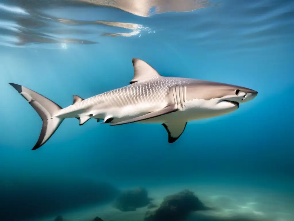 Fotografía de tiburones en cruceros: Majestuoso tiburón negro nadando elegante bajo la luz del sol en aguas cristalinas