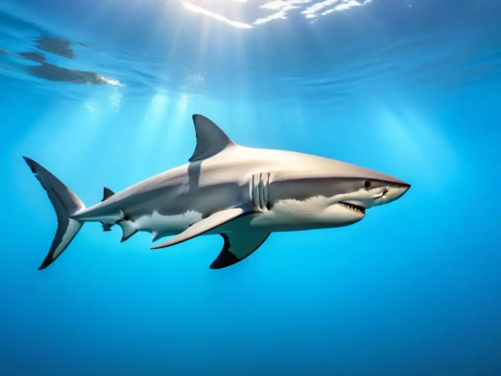 Fotografía de tiburones en cruceros: Un tiburón majestuoso nada elegantemente entre peces vibrantes en aguas cristalinas