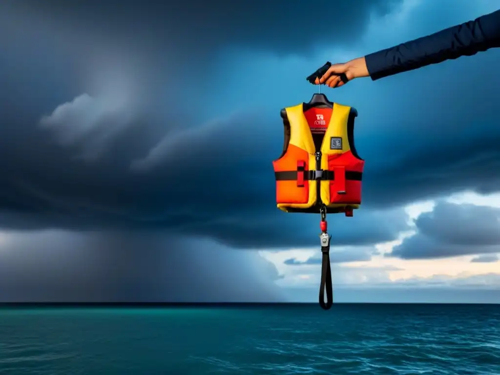 Preparación para tormenta en crucero: chaleco salvavidas, linterna y bengala junto al mar con nubes de tormenta