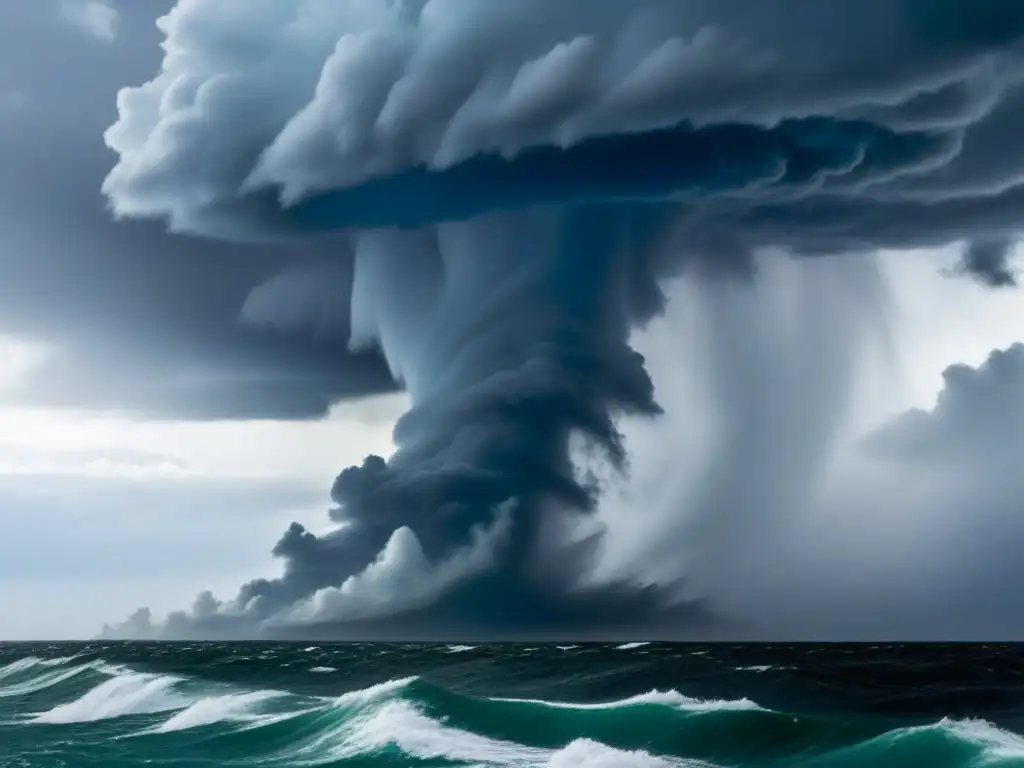 Fotografiando tormentas marítimas extremas: imagen detallada de un gigantesco tromba marina sobre el mar, con nubes de tormenta oscuras