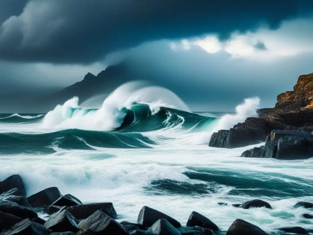 Fotografiando tormentas marítimas extremas: Vista impactante de un mar embravecido con nubes oscuras y olas turbulentas golpeando rocas