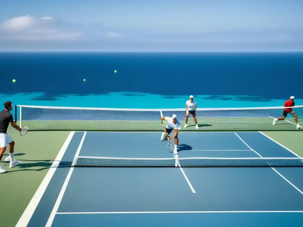 Un torneo de tenis en cruceros: jugadores concentrados en un partido amistoso en la cubierta de un lujoso barco, con el mar de fondo