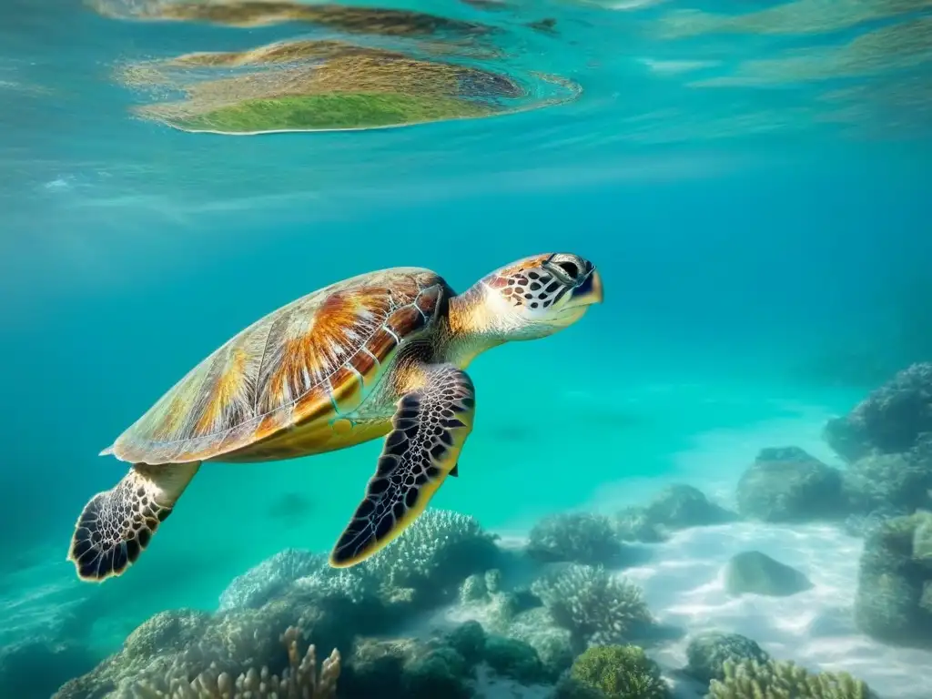 Espléndida tortuga marina verde nadando en aguas turquesa Una tortuga marina nadando graciosamente en aguas turquesas, con detalles de su caparazón