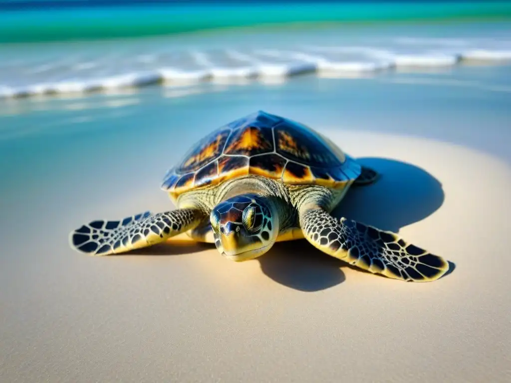 Una tortuga marina solitaria se desliza majestuosamente en aguas cristalinas de una playa virgen