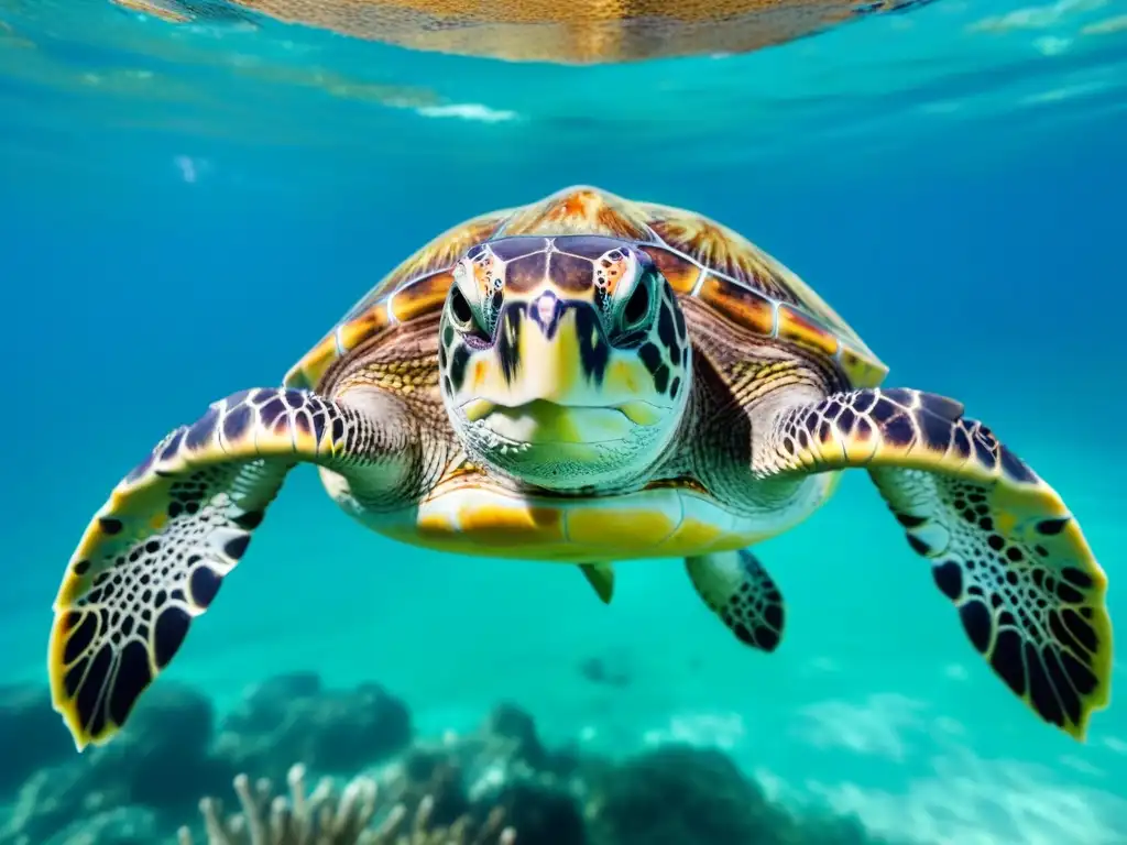 Fotografía de tortugas marinas en aguas cristalinas, mostrando su elegante movimiento y detalle de caparazón