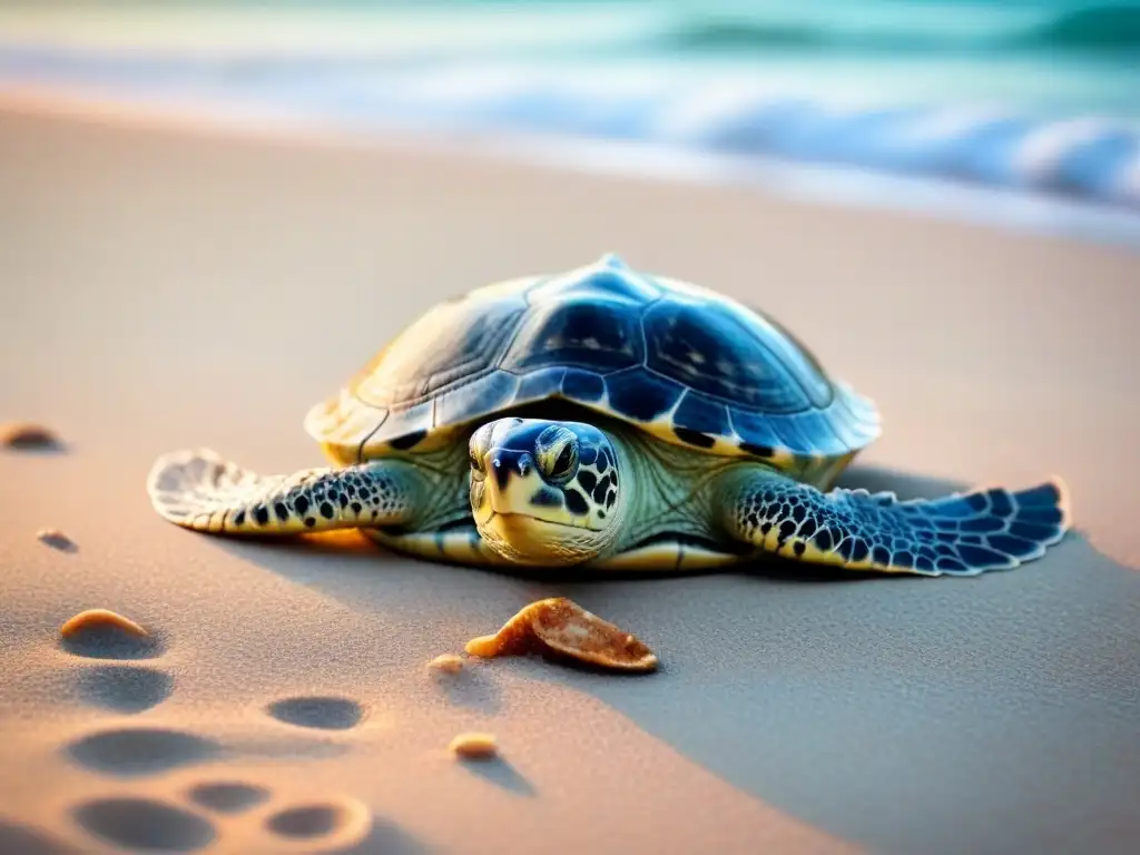 Fotografía de tortugas marinas en la playa al amanecer, con colores suaves y serenidad