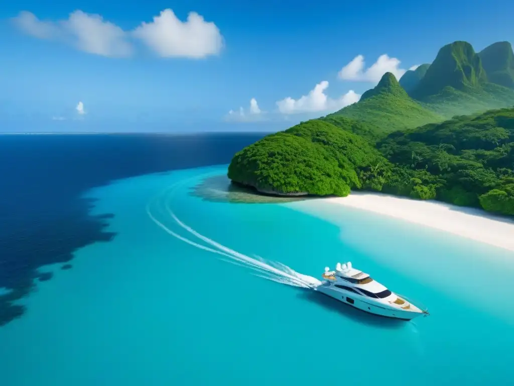 Tour privado en destino marítimo: Yate lujoso en aguas turquesas, rodeado de islas tropicales verdes bajo cielo azul claro