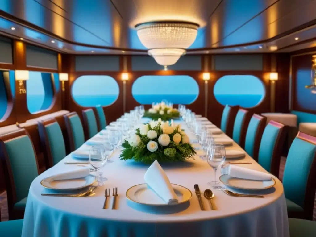 Tours gastronómicos en cruceros: lujoso comedor con mesa elegante, vajilla fina y ambiente sofisticado iluminado suavemente