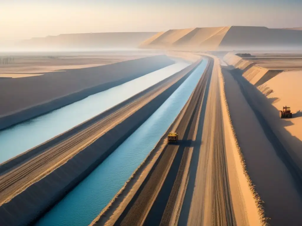 Trabajadores construyendo el Canal de Suez en el siglo XIX bajo el sol abrasador del desierto, mostrando la magnitud de la hazaña