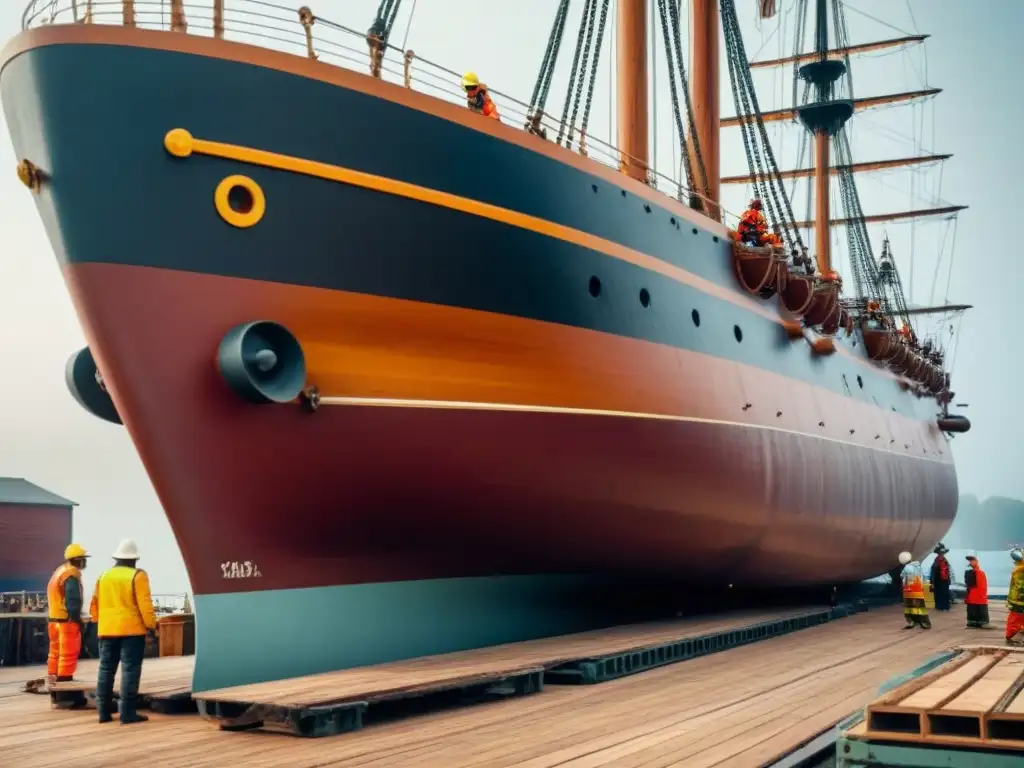 Trabajadores cuidadosamente restaurando un histórico barco naval en un astillero, reflejando la financiación proyectos conservación patrimonio naval