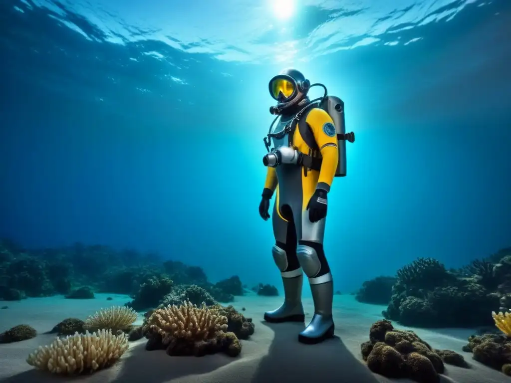 Un traje de buceo futurista iluminado en un oscuro fondo marino, destacando su diseño avanzado