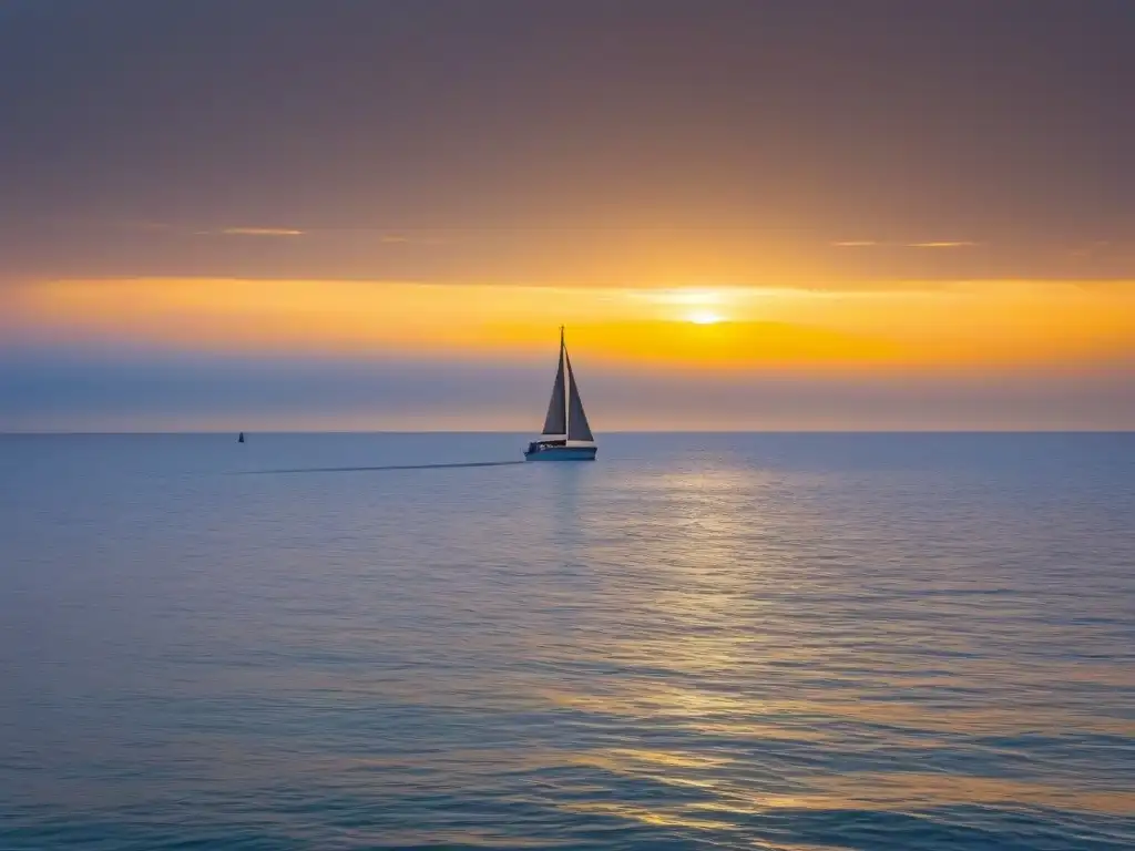 Tranquila mañana marítima con velero al amanecer, reflejando paz y serenidad