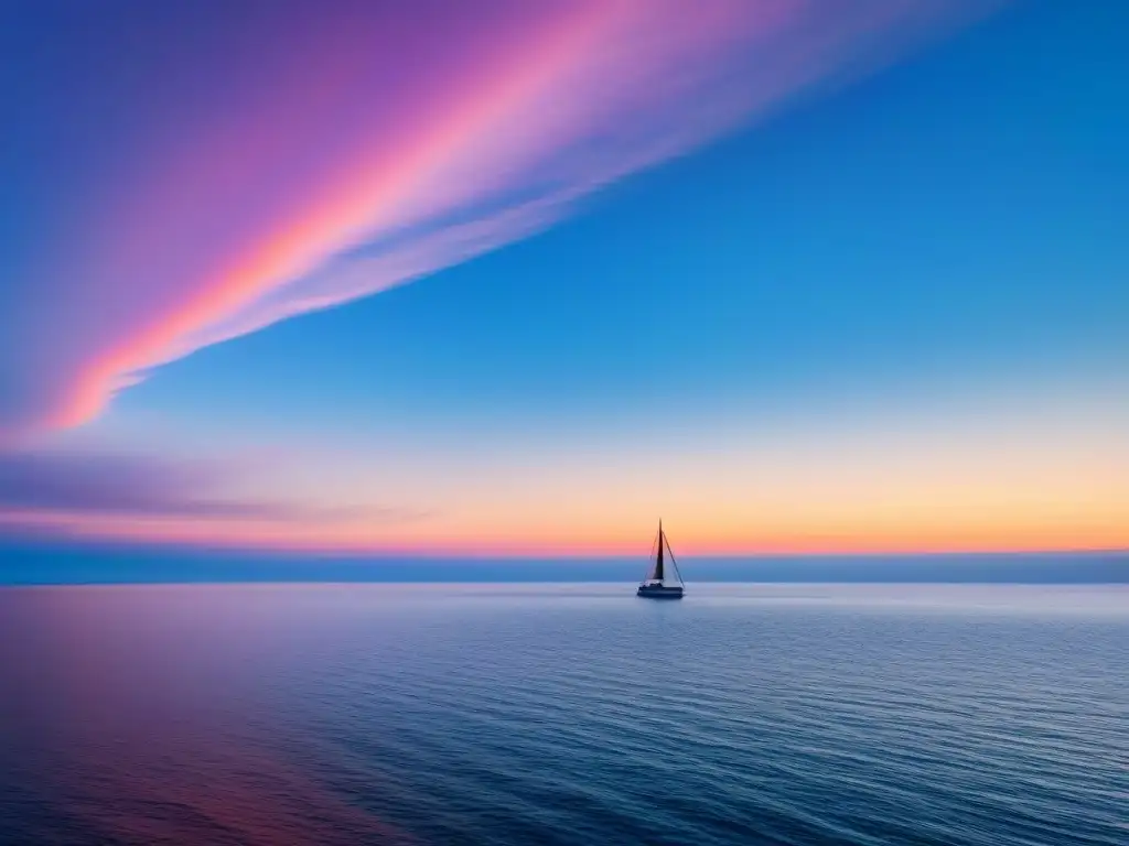 Tranquila puesta de sol sobre el mar, con cielo en tonos rosados y azules