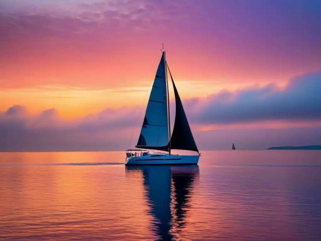 Tranquila travesía al atardecer, velero navegando en aguas serenas