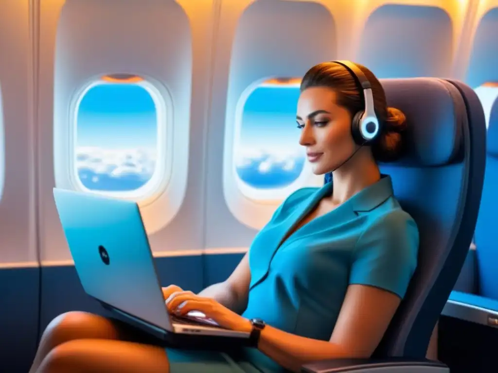 Tranquilidad en el avión: Persona trabajando en su laptop con Seguridad en WiFi a bordo